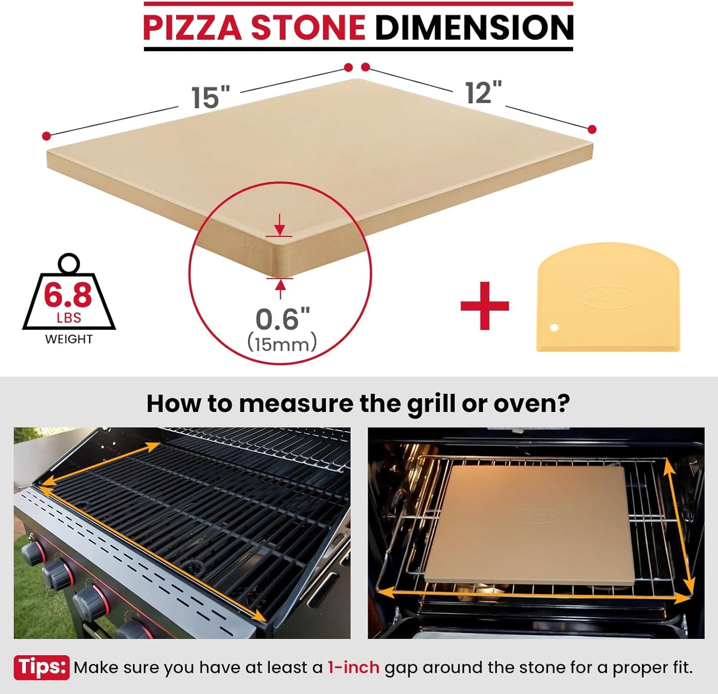 Unicook Pizza Stone, Heavy Duty Cordierite Pizza Pan for Oven and Grill, Thermal Shock Resistant Baking Stone for Bread, 15 X 12 Inch Rectangular, 6.8 lbs