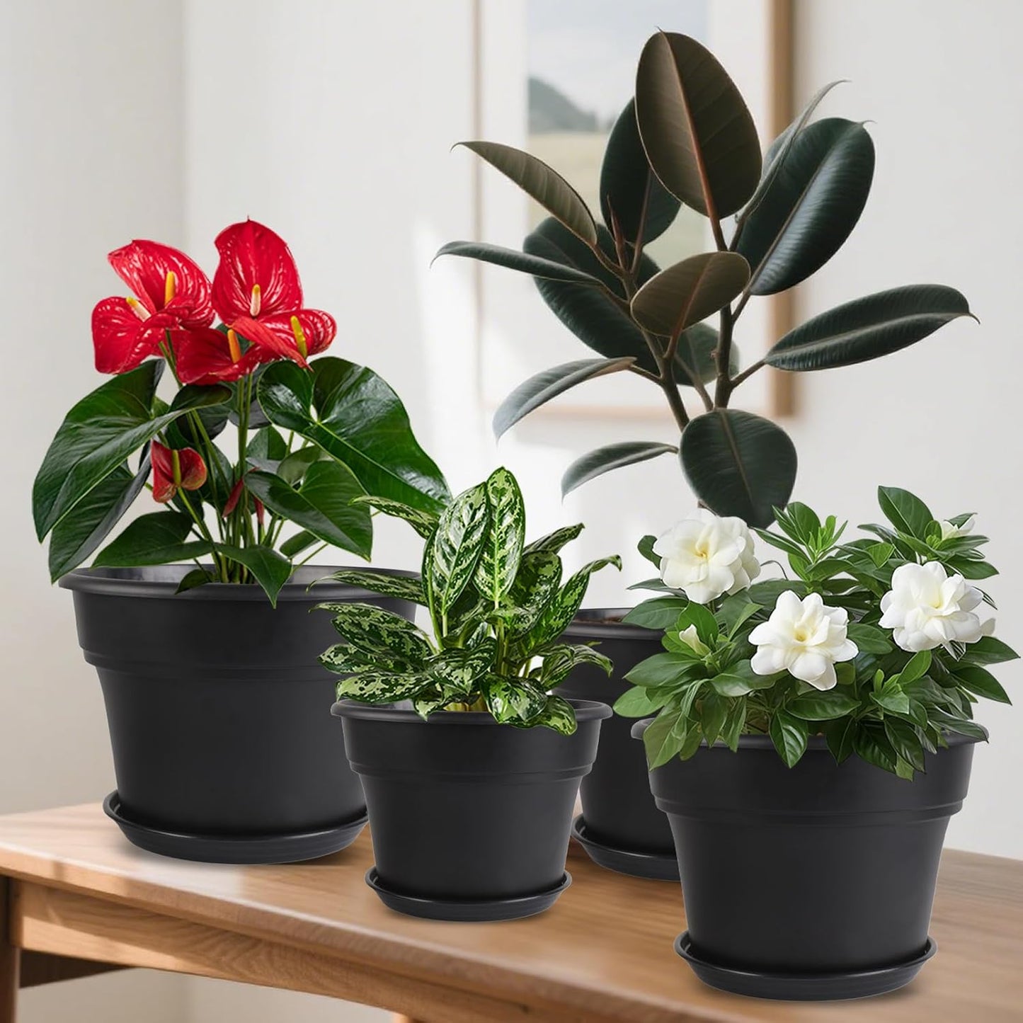 8-inch-Plant-Pots-Indoor-Outdoor, 4 Pack Plastic Planters with Drainage Holes & Saucers, Resin Flower Pots with Trays, Classic Garden Pot Container for House