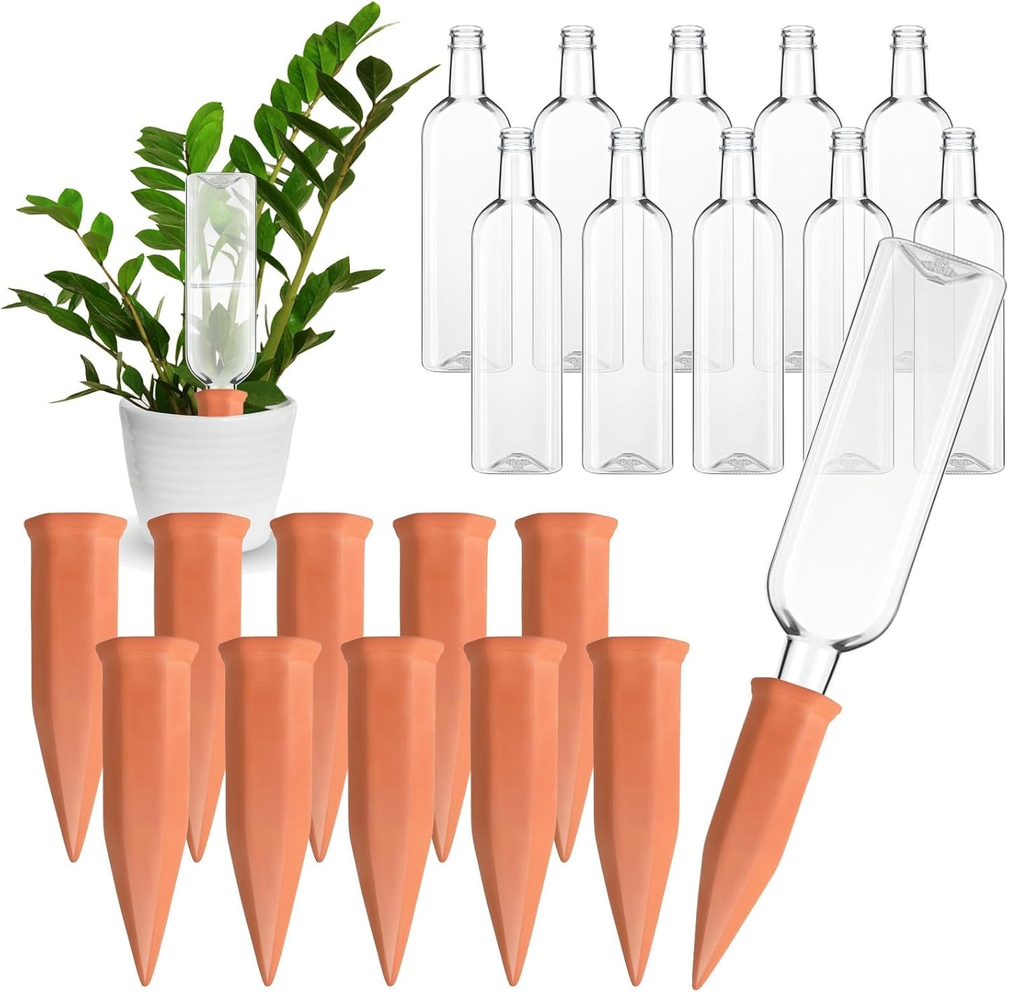 Dandat 20 Pcs 34oz Plant Watering Devices Include Terracotta Self Watering Spikes with 1000ml Plastic Bottles Slow Release Vacation Insert Automatic Plant Waterer Self Water Planter for Garden