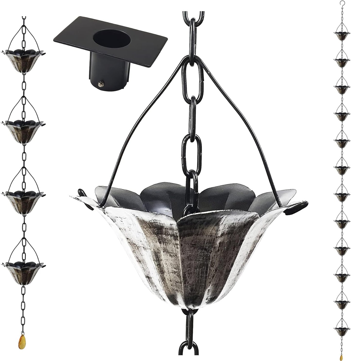 8.5FT Lotus Antique Silver Color Iron Rain Chains for Gutter and Rain Barrel, Rust-Resistant Plated Garden Décor Rain Chain for Downspout, Bonus Rain Chain Gutter Adapter