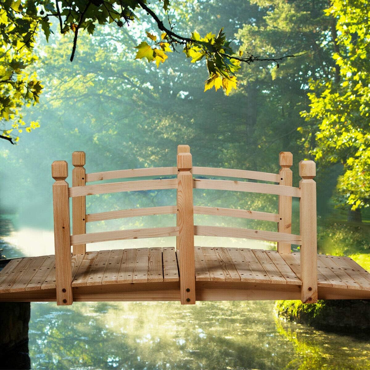 HAPPYGRILL Wooden Bridge, Natural Wood Garden Bridge with Guardrails, Outdoor Pond Bridge for Garden Backyard Decoration 5FT