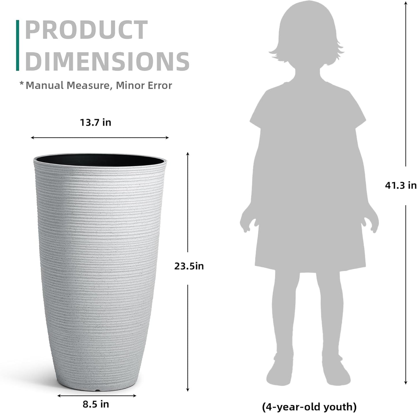 23.5" H Tall Pot Planters, 2-Pack Taper Large Flower Pots for Indoor Outdoor Use, UV-Protect PP Plant Container for Garden Patio Yard Balcony Porch or Home Decor, White Vertical Stripes Texture