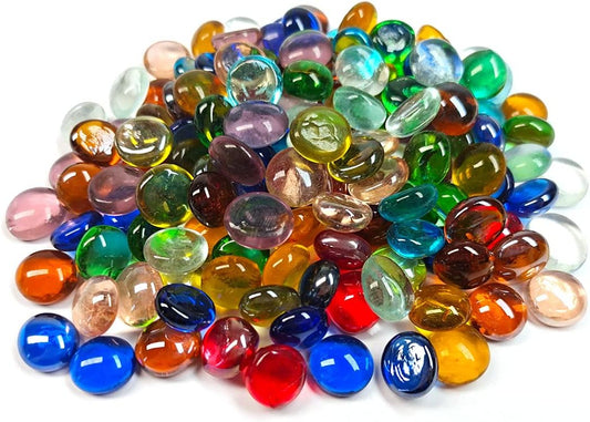 50PCS Mini Glass Gems,Mixed Colour Mancala Stones Flat Bottom Marble Beads for Home Decorative Art Craft Vase Filler(0.5"~0.7")