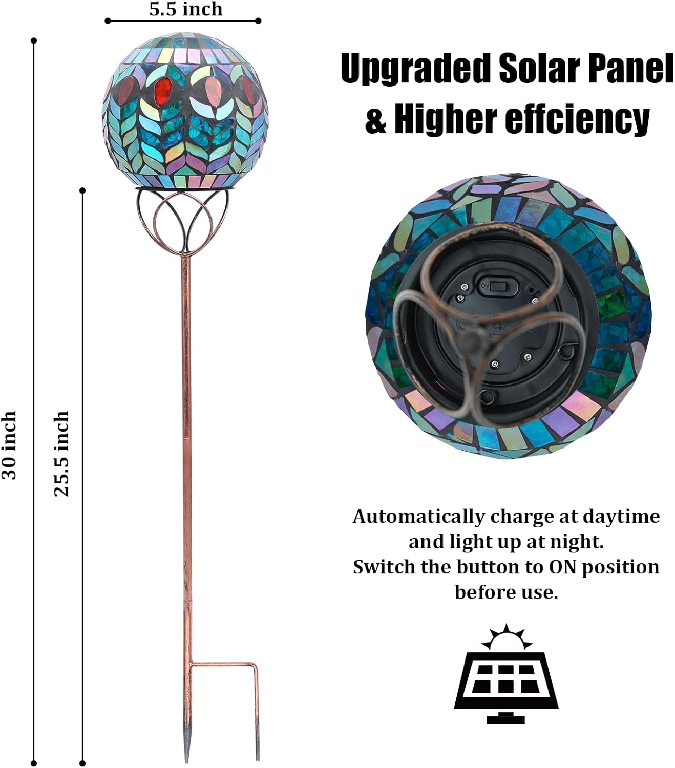 VCUTEKA Solar Outdoor Lights Garden Decor Mosaic Solar Garden Lights Waterproof Glass Ball LED Pathway Stake Light for Landscape Lawn Patio Yard Decoration 6 inch, Colorful