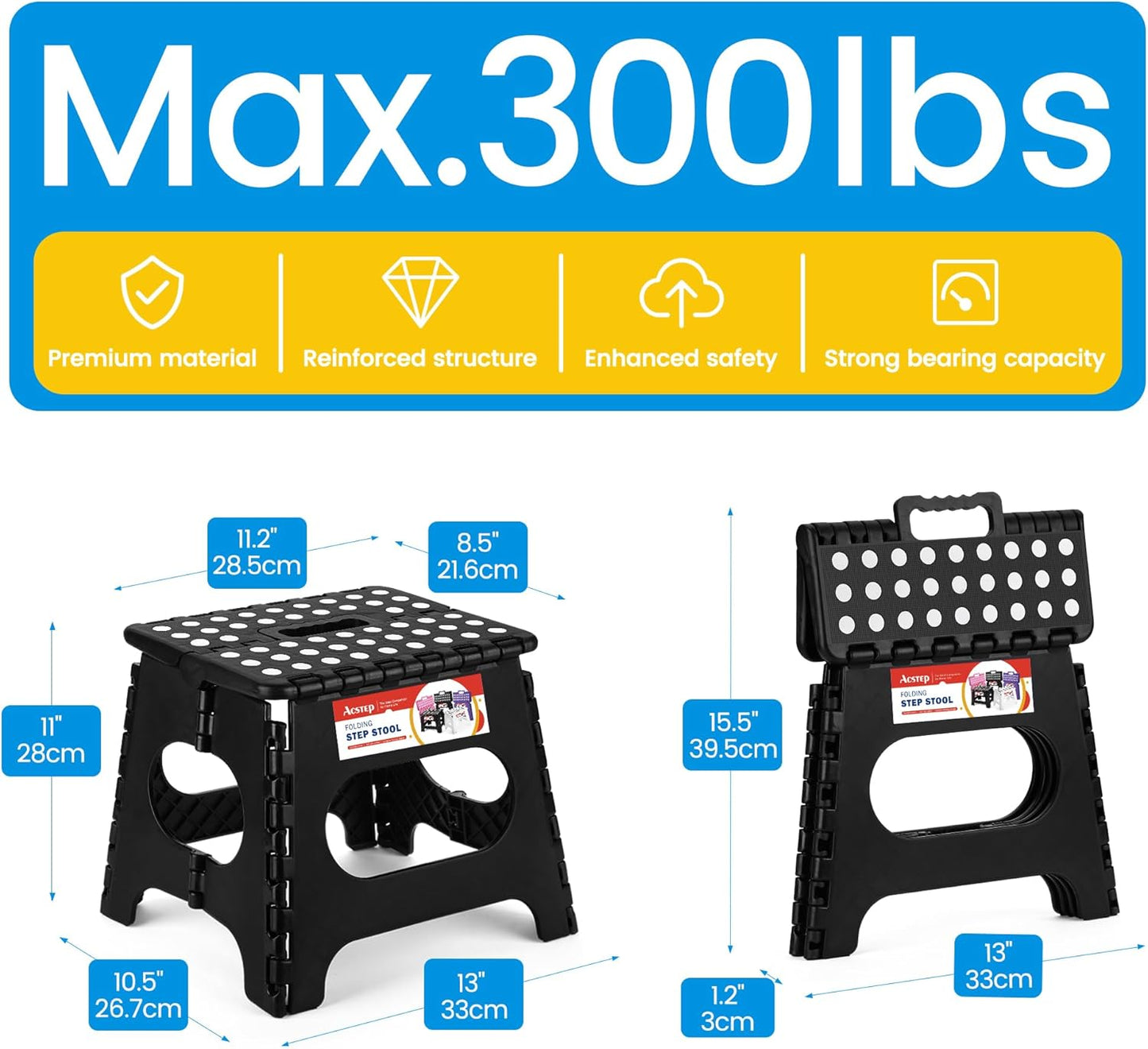 ACSTEP Folding Step Stool for Adults-11 Height Lightweight Plastic Stepping Stool. Foldable Step Stool Hold up to 300lbs Non Slip Collapsible Stool Black