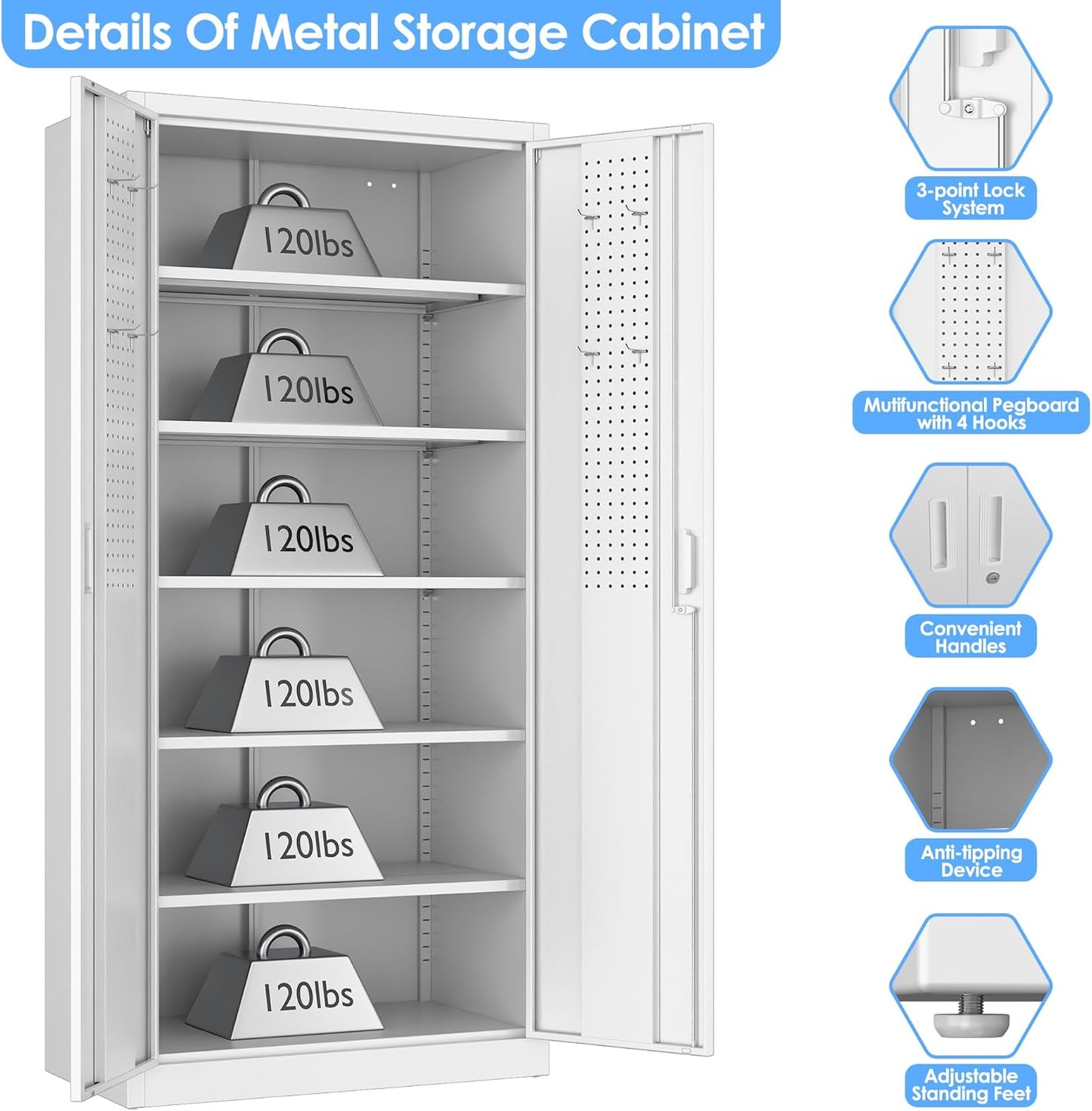 71"H×34"W×18"D Metal Garage Storage Cabinet with Lock and Pegboard, Steel Lockable File Cabinet with 2 Doors and 5 Adjustable Shelves for Office,Home,Garage, Storage, Assembly Required, White