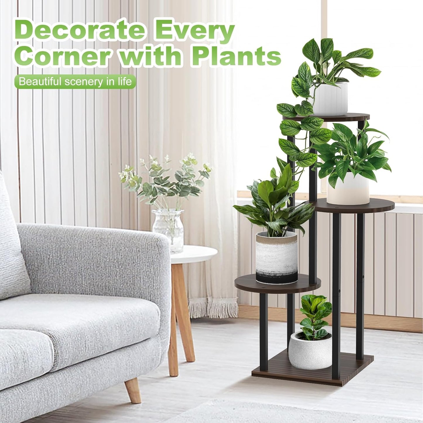 4 Tier Wood Tall Plant Stand Metal Rack Indoor, Multiple Flower Pot Holder Shelves Corner Rack, Round Planter Shelf Display Rack Storage Organizer for Patio Living Room Balcony(Black Oak)