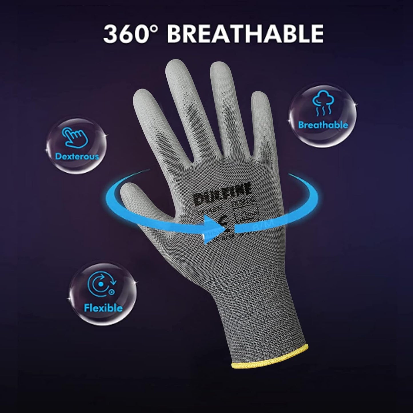 DULFINE Safety Work Gloves PU Coated-12 Pairs,Grey Seamless Knit Glove with Polyurethane Coated Smooth Grip on Palm & Fingers, for Men and Women, Ideal for General Duty Work (Medium)