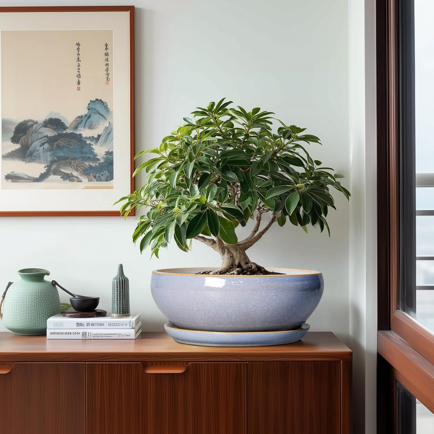 SQOWL 12 Inch Bonsai Pots - Shallow Ceramic Planter for Indoor Plants Outdoor, Large Succulent Pots with Drainage Hole and Saucer, Round Planter Bowl, Porch Decor, Gifts for Plant Lover, Blue