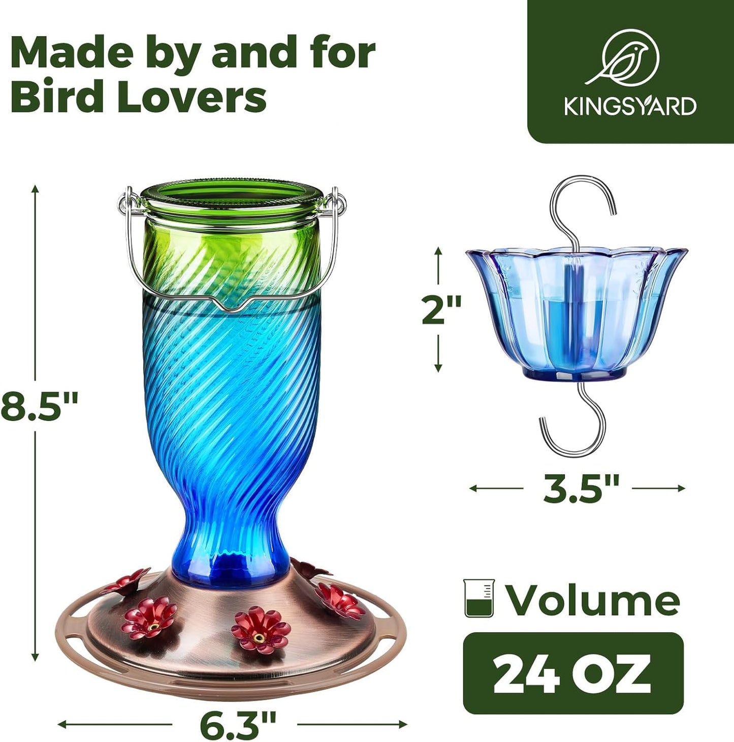 Kingsyard Glass Hummingbird Feeders for Outdoors, 24 oz Hummingbird Nectar Feeder for Outdoors Garden Yard Décor, 6 Feeding Ports, Ant Moat Included, Easy to Clean & Refill, Navy Blue