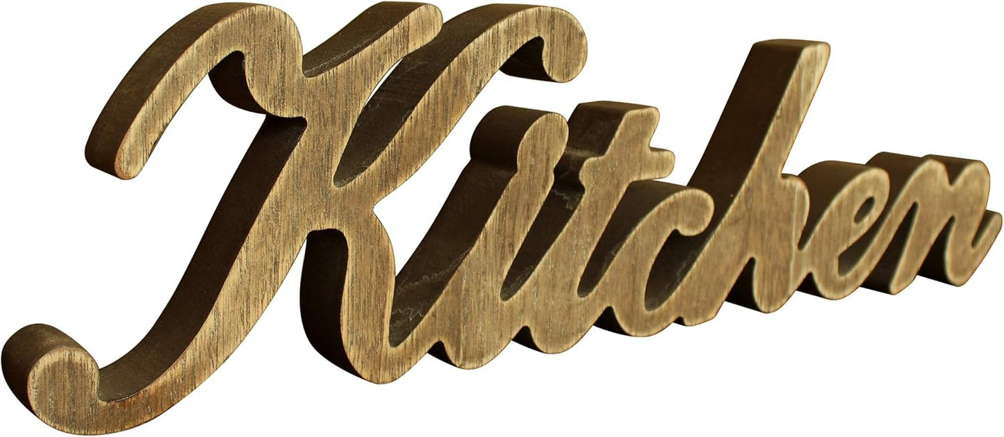 CVHOMEDECO. Rustic Vintage Distressed Wooden Words Sign Free Standing "Kitchen" Desk/Table/Shelf/Door/Home Wall Decoration Art, 15-1/2 x 4-1/4 x 1 Inch