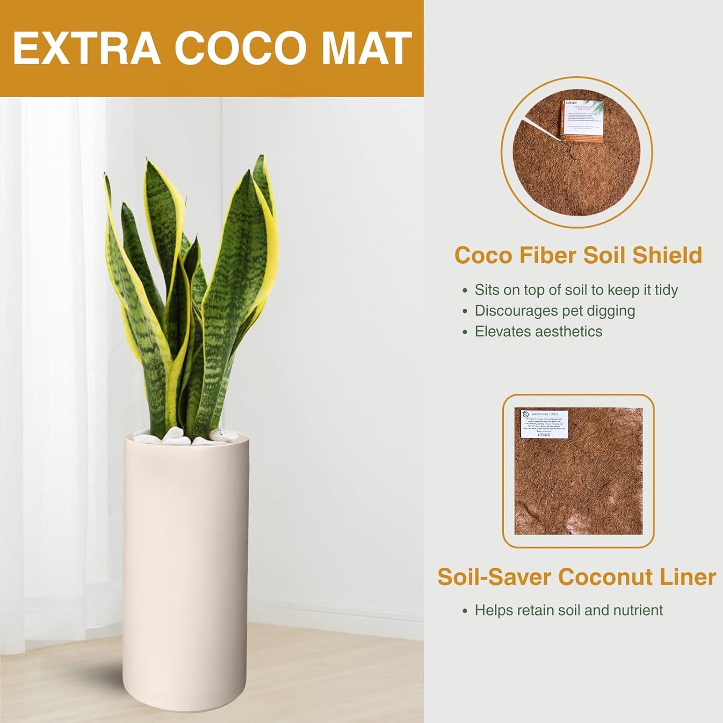 19.5" H x 9.8" D Tubo Fiberstone Cylinder Tall Planter with Drainage Hole, Smooth Finishes, for Indoor and Outdoor Use, Included 2 Extra Coco Mats (Kilim Beige, 8.2" Pot Opening)