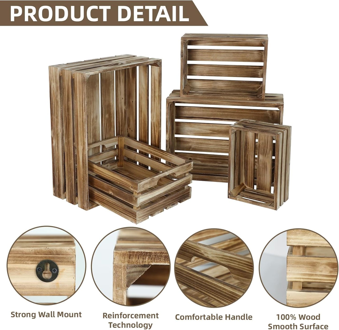 Set of 5 Large Wooden Crates, Nesting Storage Crate with Handles, Rustic Torched Brown Farmhouse Wooden Crates for Display, Wedding Birthday Home Party Living Room Kitchen Decoration