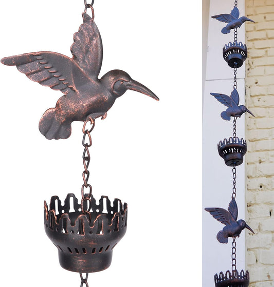 8.5Ft Hummingbird and Cup Rain Chain Outdoor Decorative Rain Gutter Drain Rain Catcher Gutter Chain with Bell