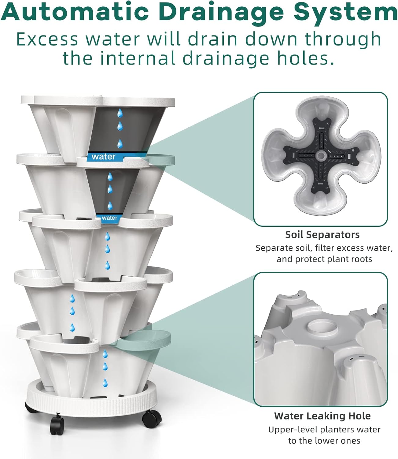 6 Tiered Strawberry Vertical Planters, Stacking Tower Garden with Support Pole, Stackable Herb Vegetable Planters Indoor and Outdoor - White
