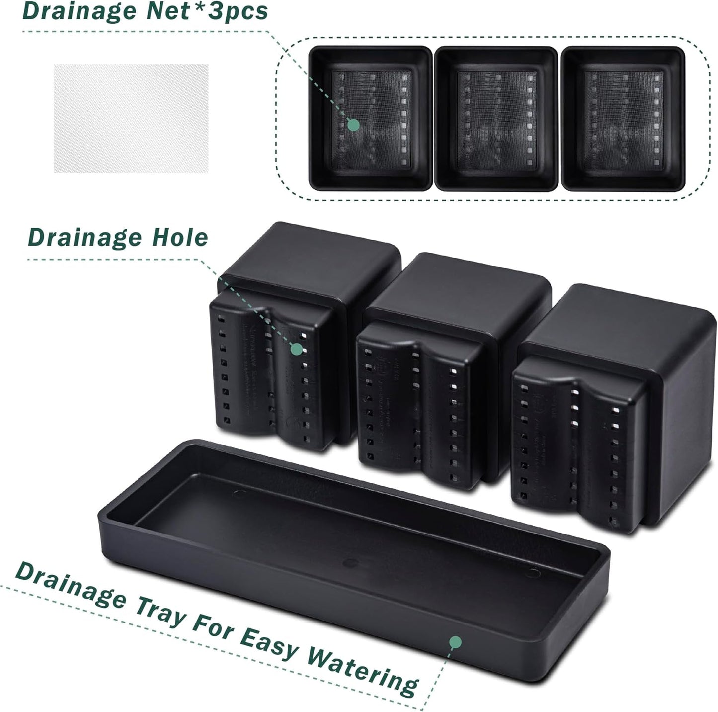 D'vine Dev Herb Garden Planter Set, Plastic Plant Pots with Drainage and Saucer, Indoor Succulent Cactus Vegetable Pot for Windowsill, Garden Balcony, Black, Set of 1, 76-V-B-1