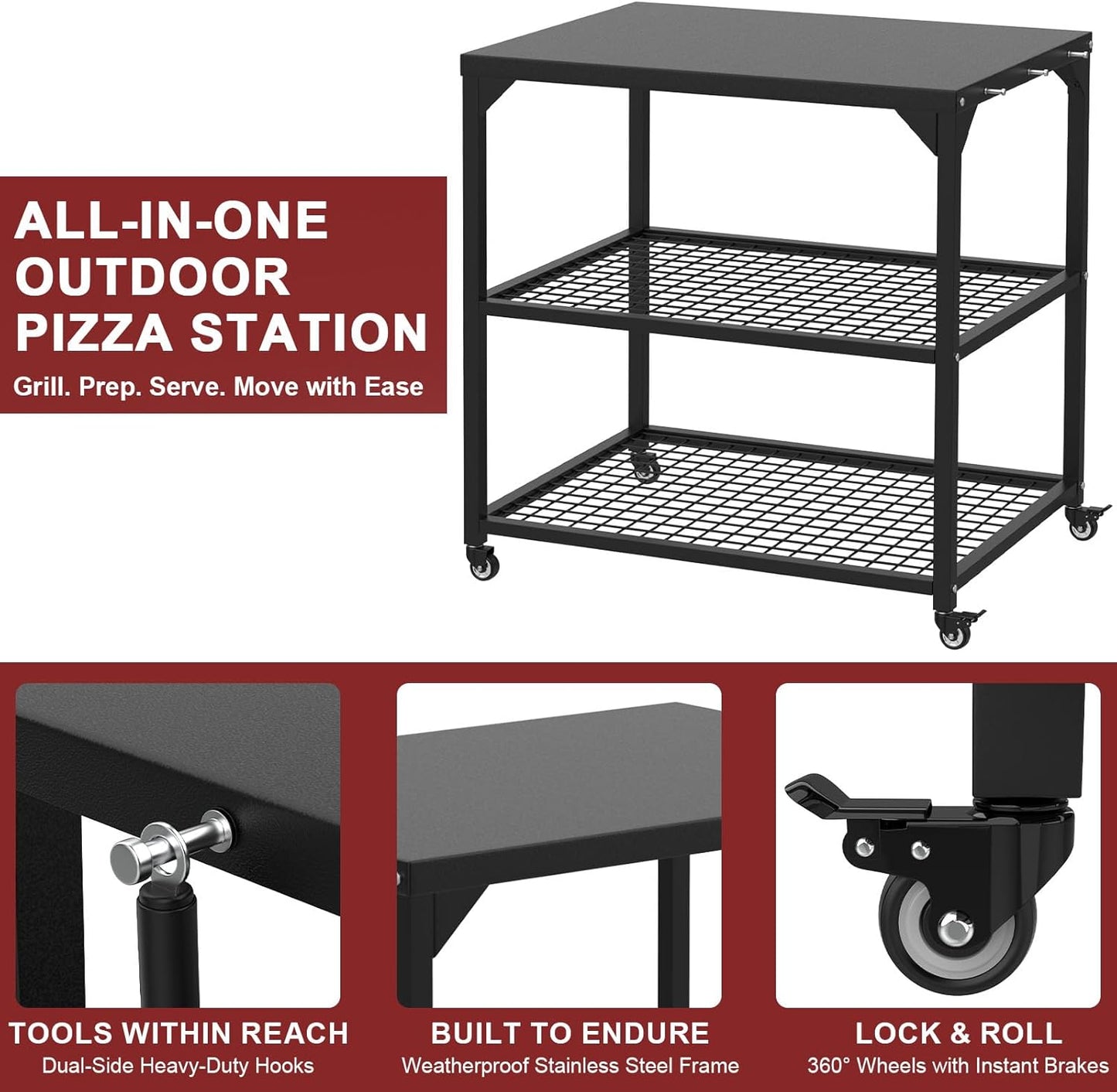 Stainless Steel Pizza Oven Table Cart with Wheels, 3-Shelf Outdoor Grill Stand for Ooni, Blackstone, Ninja Woodfire, Cuisinart and Most Grill – Portable Movable Food Prep Cart & Topping Station