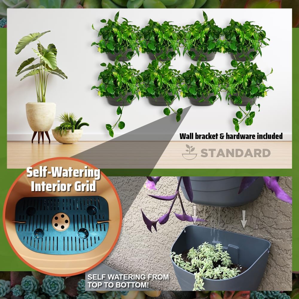 12 Inch Gray Wall Planter, Self-Watering Concrete Hanging Planter for Indoor & Outdoor Use, Large Wall Planter with Self-Watering Grid, Ideal for Flowers, Vegetables & Herbs, UV Resistant