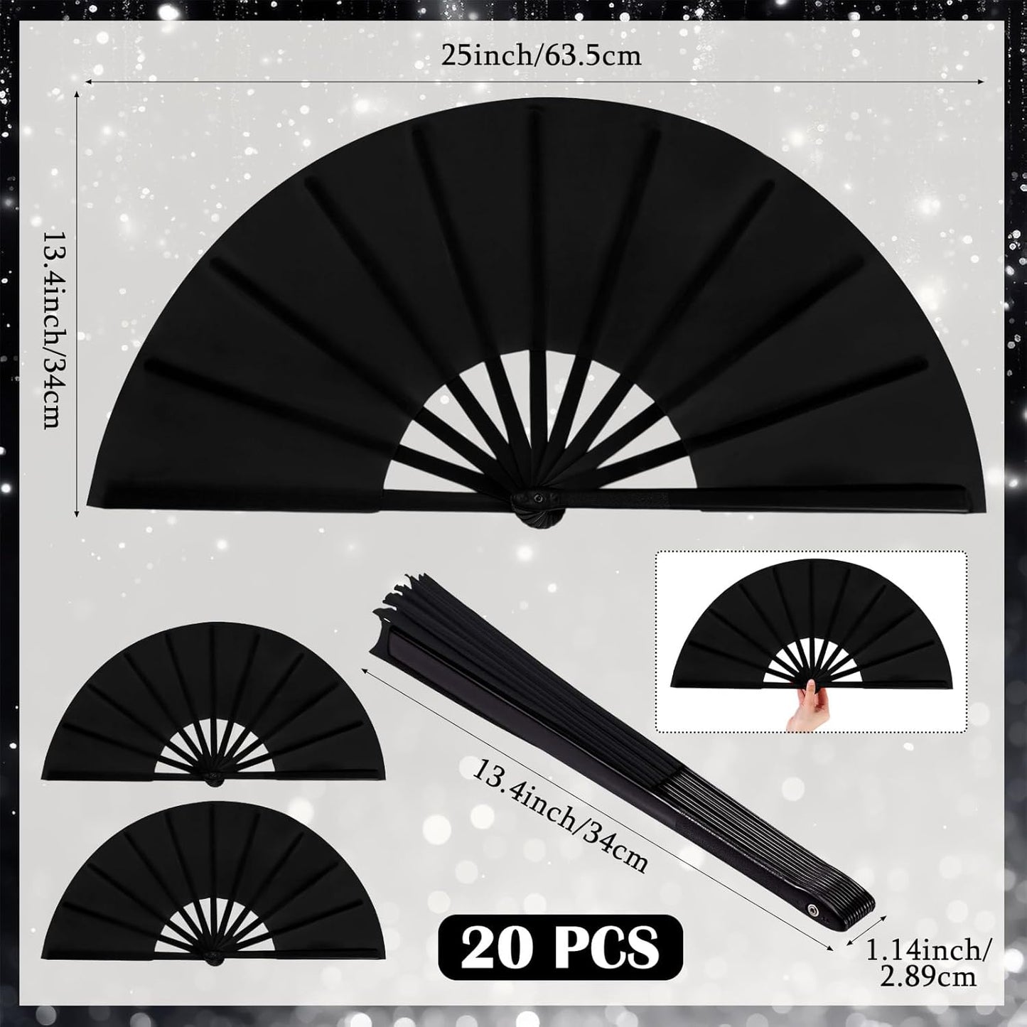 Maitys 20 Packs Large Clap Fans for Line Dancing Large Chinese Folding Hand Fans for Men and Women, Festival, Tai Ji, Kungfu, Martial Art, Gifts (Black)