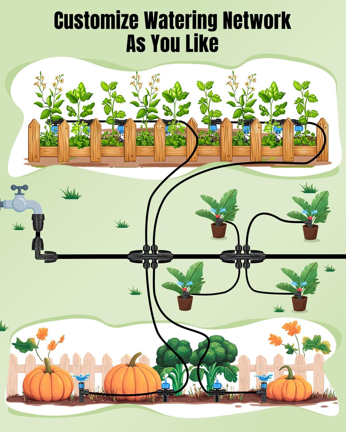 Pawfly 12 Pcs 1/2'' to 1/4'' Drip Irrigation Fittings, Anti-Leak Reducing Tees, Push-to-Fit Drip Irrigation Parts for Garden Lawn, 6-Way Barbed Tee Quick Connectors with Anti-Drop Locked Nuts