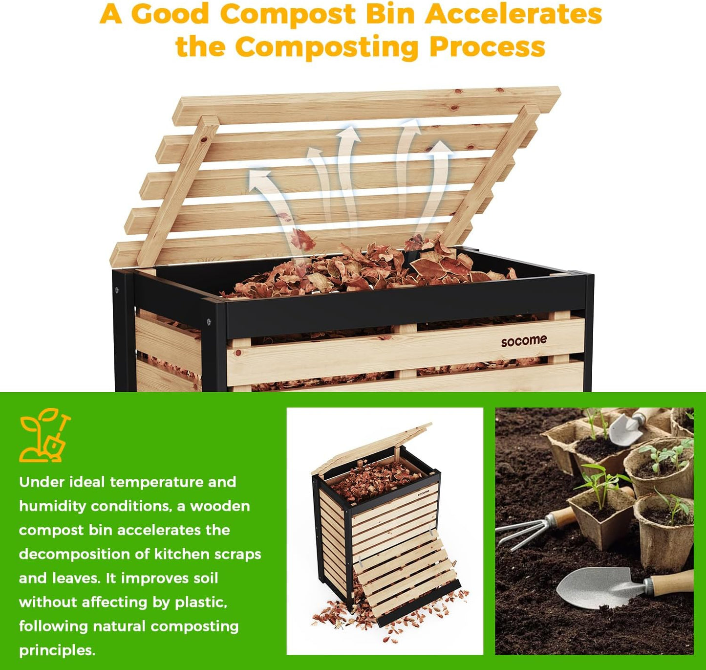 95 Gallon Solid Wood Composter, Outdoor Compost Bin with Pull-Out Door, Large Composting Bin for Backyard, Garden, Patio, Natural