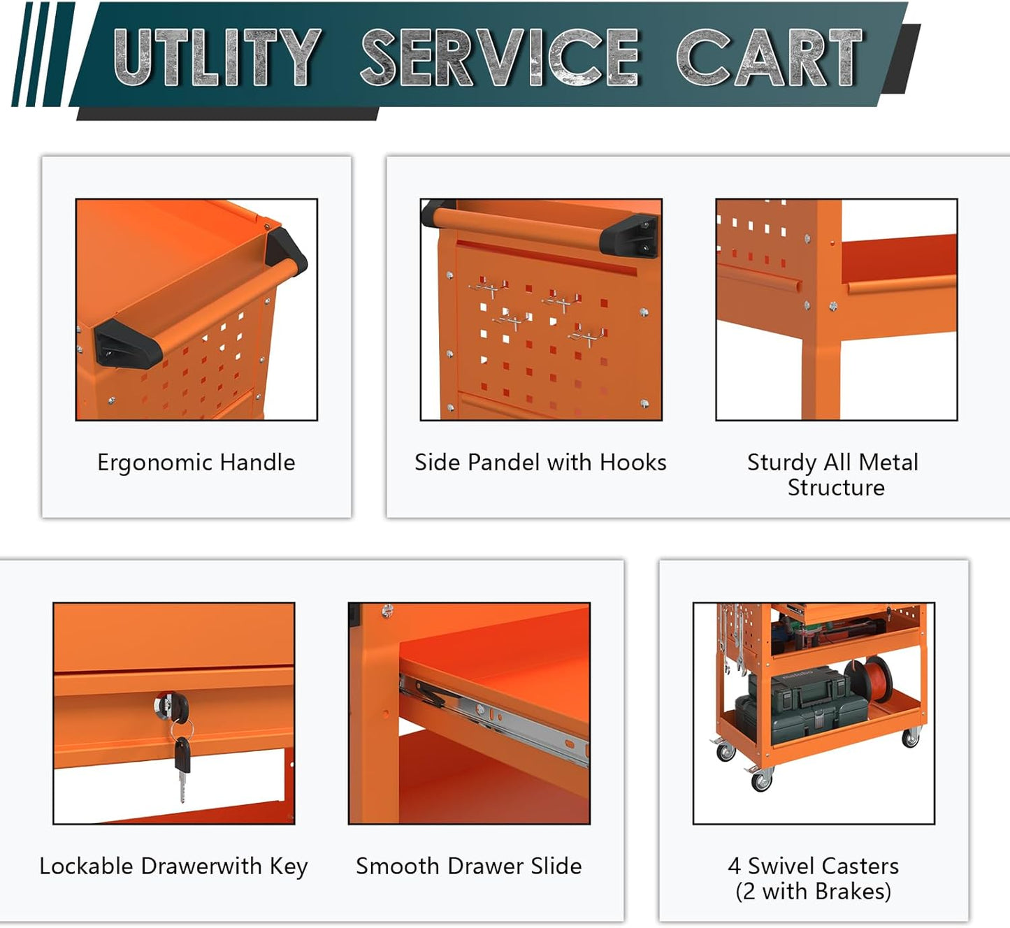 3 Tier Rolling Tool Cart on Wheels with Locking Drawer - Metal Service Cart Industrial Utility Cart for Mechanic - 350 LBS Mobile Storage Organizer for Garage, (Orange)