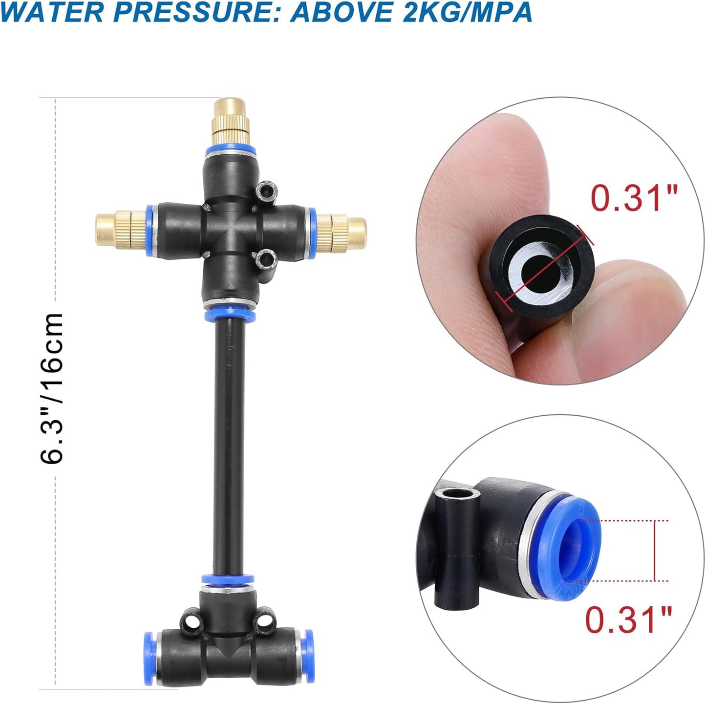Mornajina 3Packs 3 Way Brass Misting Nozzles Tee with 5inch Built in Hose for Outdoor Cooling System, Adjustable 360° Rotation, Water Mister Nozzles Thread Sprayer 0.043" (1.1 mm)
