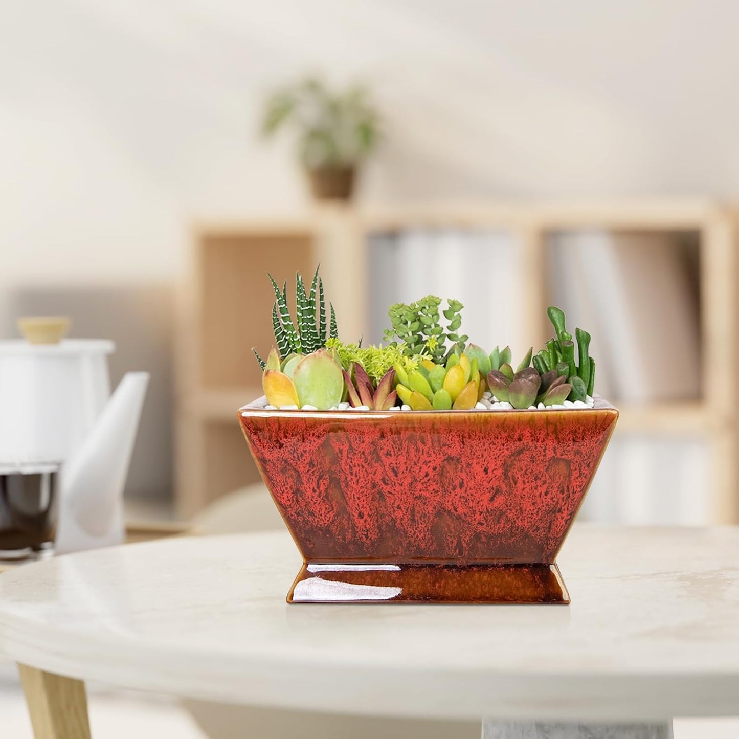 ARTKETTY Succulent Pots - 7 Inch Large Plant Pot with Drainage, Shallow Ceramic Succulent Planters for Indoor Outdoor Plants, Modern Cactus Bonsai Plant Container Decorative Home Office