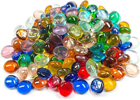 2LB Mini Glass Gems,Mixed Colour Mancala Stones Flat Bottom Marble Beads for Home Decorative Art Craft Vase Filler(0.5"~0.7")