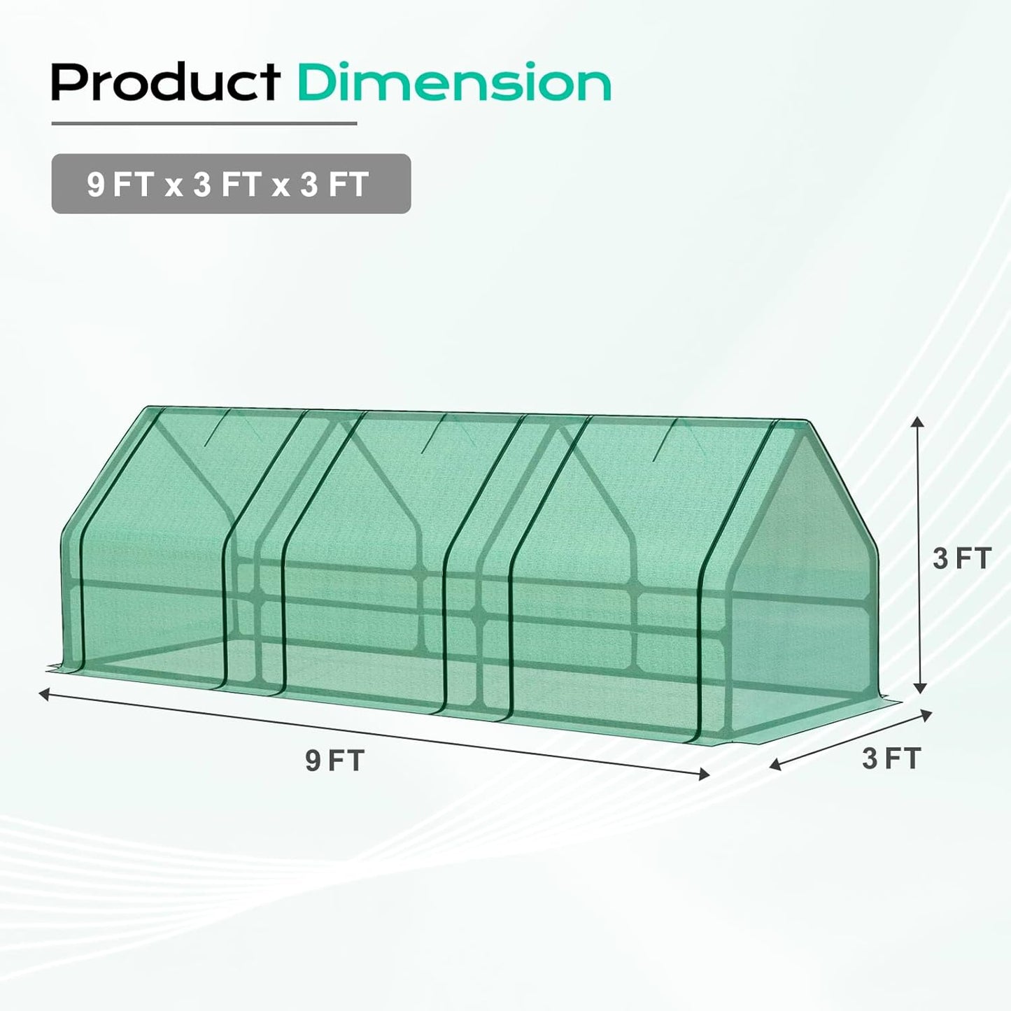 BPS 9x3x3 ft Mini Greenhouse with Green PE Cover UV-Protected Roll-Up Zipper Doors, Ideal for Indoor or Outdoor Use on Raised Garden Beds