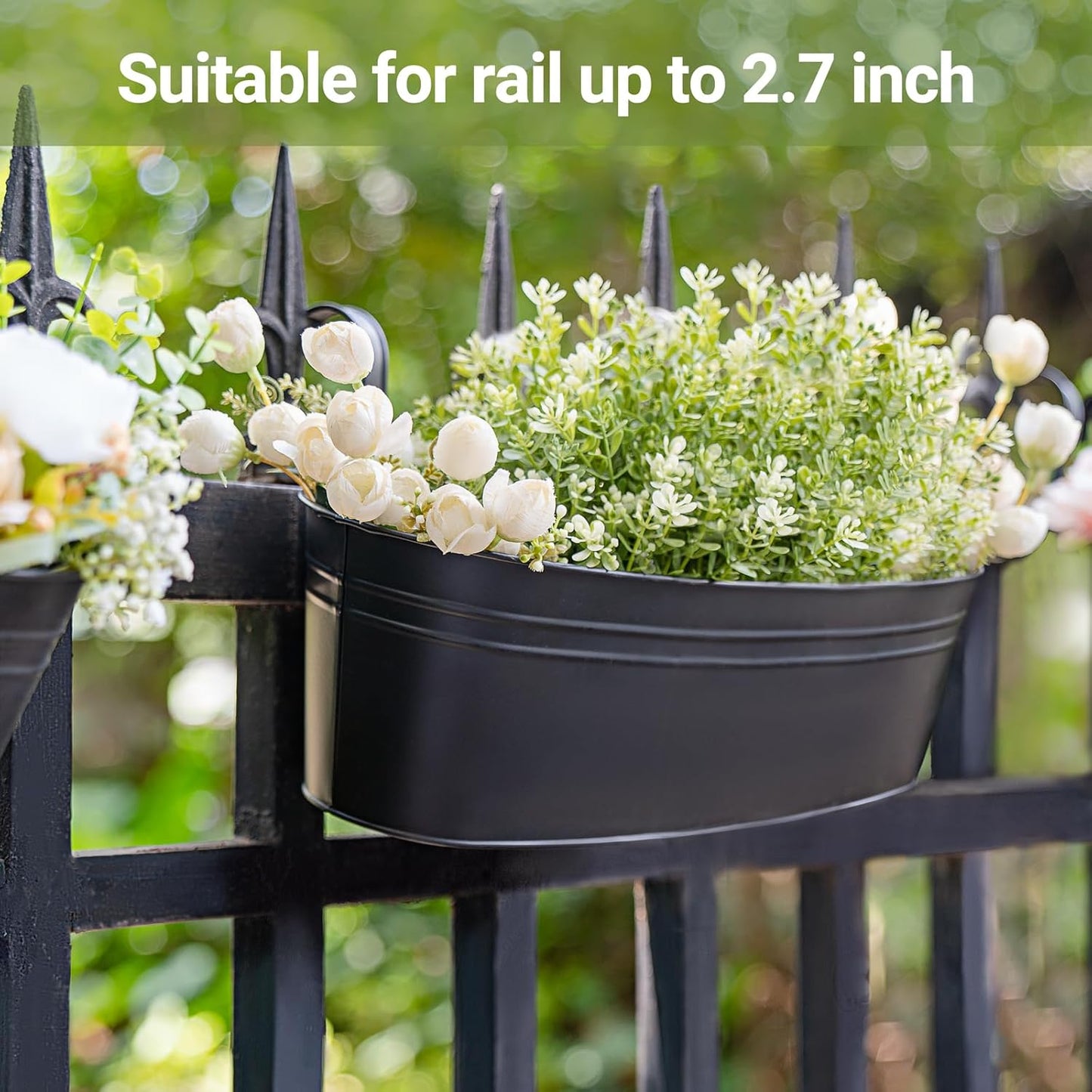 Dahey 4 Pcs Metal Hanging Flower Pots for Railing Fence Outdoor Planter 15.7 Inch Hanging Bucket Pots Countryside Window Flower Plant Holder with Detachable Hooks for Garden Yard Home Decor,Black