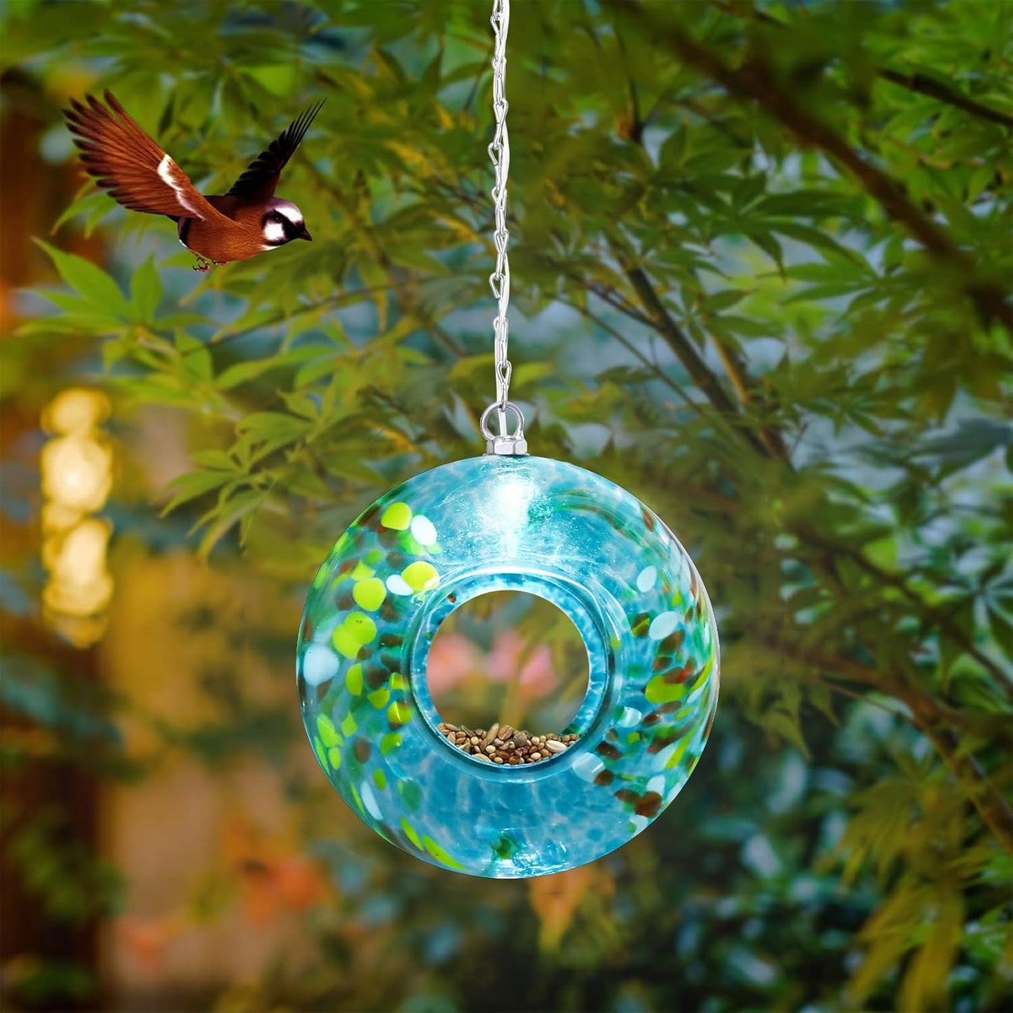 Yinns Bird Feeder - Fly Through Bird Feeders for Outside Hanging with Round Shape Glass Container, Solar Birdsfeeder for Yard Garden Decor, 8-Inch