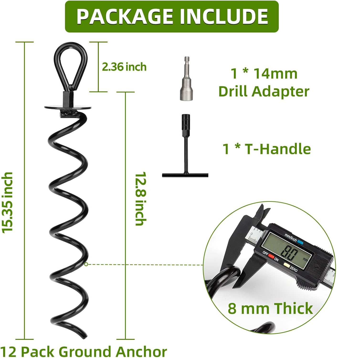 12 PCS 15.3 Inch Ground Anchors Heavy Duty for High Winds Screw in Earth Anchor Swing Set Spiral Auger Stakes for Tent Trampoline Tree Garden Fence Sheds Swingset, Easy Use with Drill