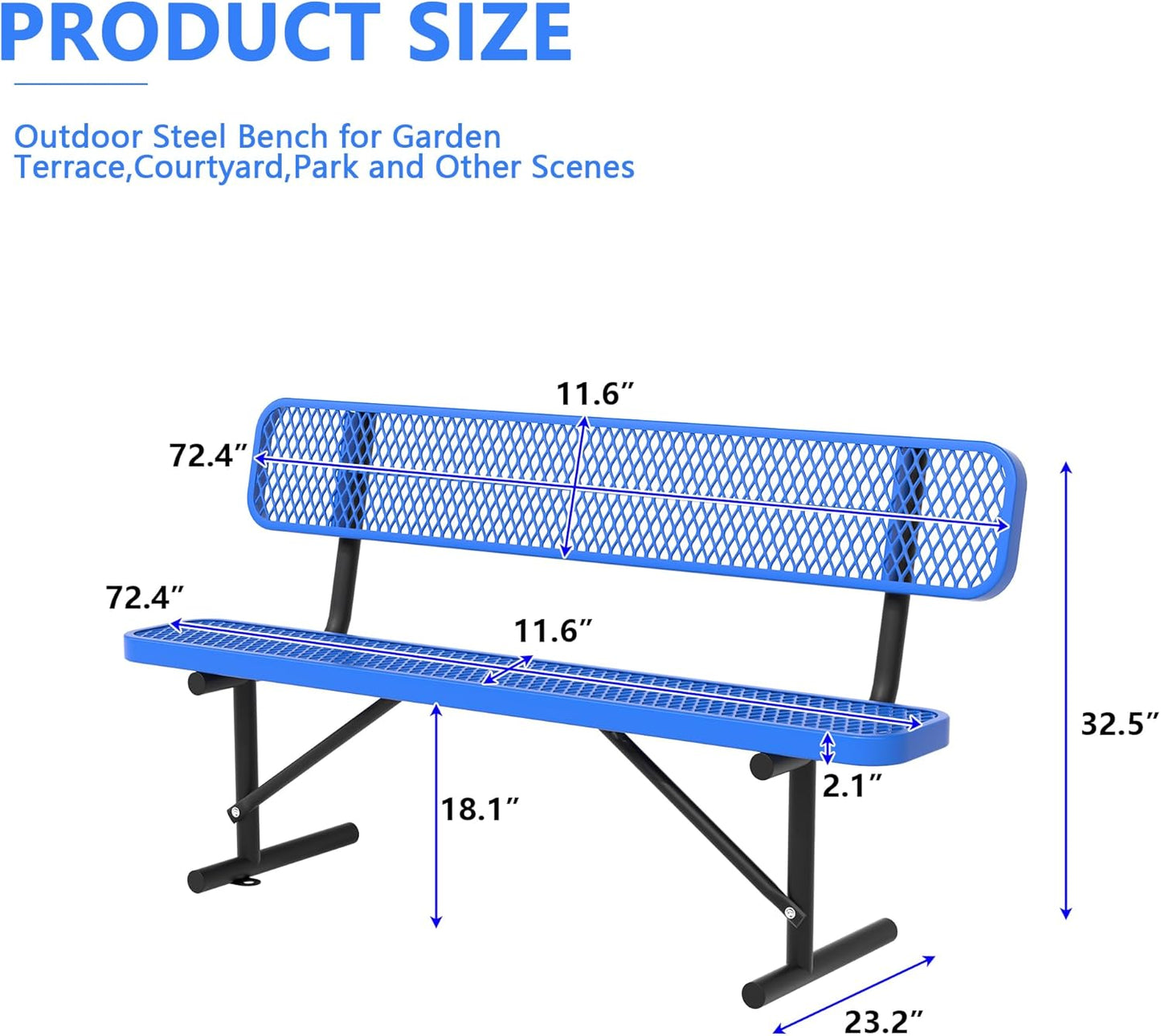 6 Feet Heavy Duty Metal Park Bench for Outside, Outdoor Steel Bench with Backrest & Portable Frame, Commercial Benches for Shopping Malls/Stores/Parks/Patios/Decks/School