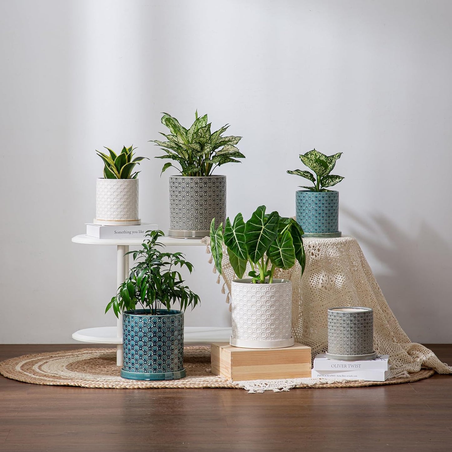 6 Inch Plant Pot: Ceramic Planter with Drainage Hole & Saucer Indoor Outdoor Plants - Cylinder Round Flower Pot for Home Office - Modern Decorative - Small Blue