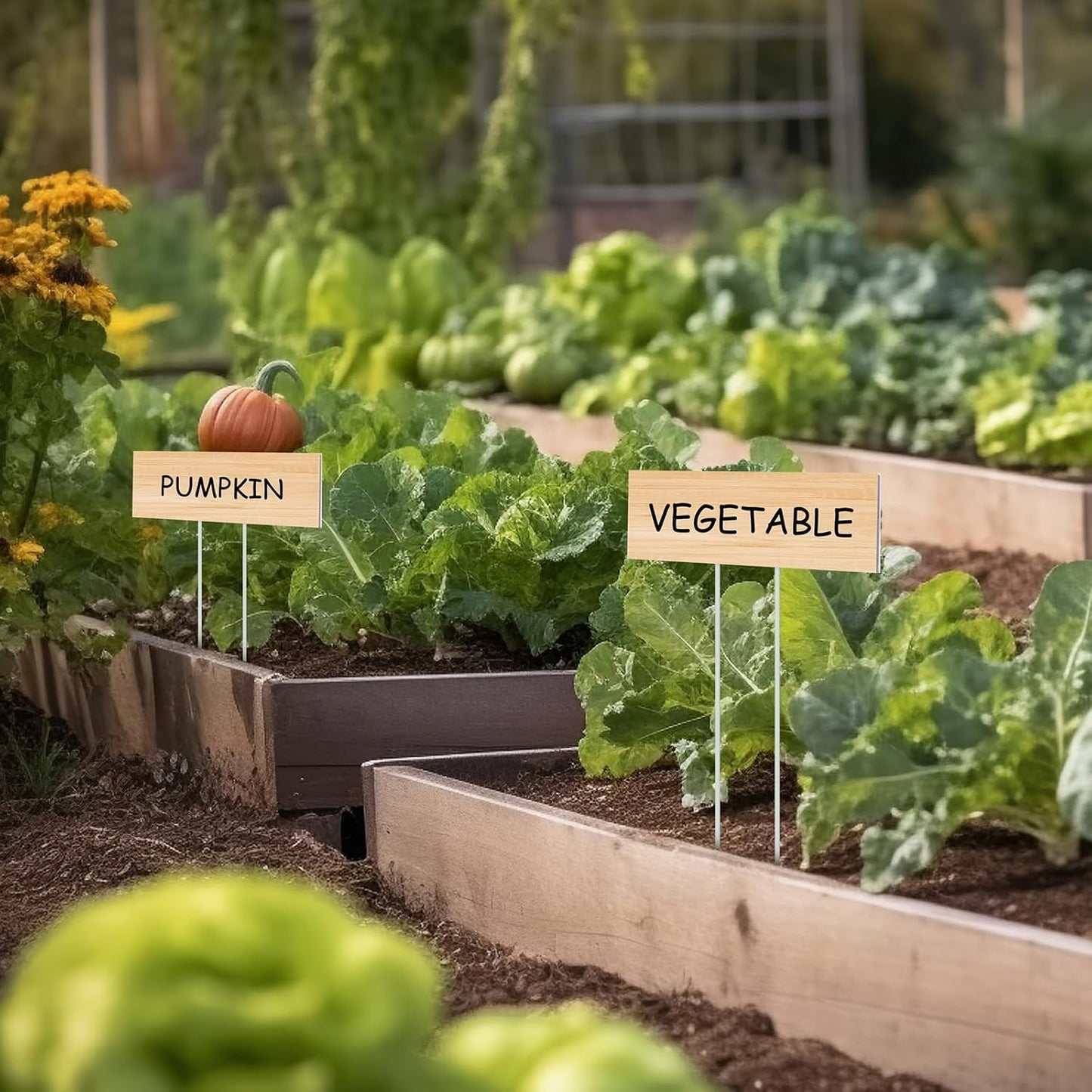 10 Set Jumbo Outdoor Plant Label Stakes Waterproof Nursery Garden Markers Plastic T Type Plant Tag Identification Stake with Marker Pen for Herb Vegetable Flowers, 12" High(Wood Color)