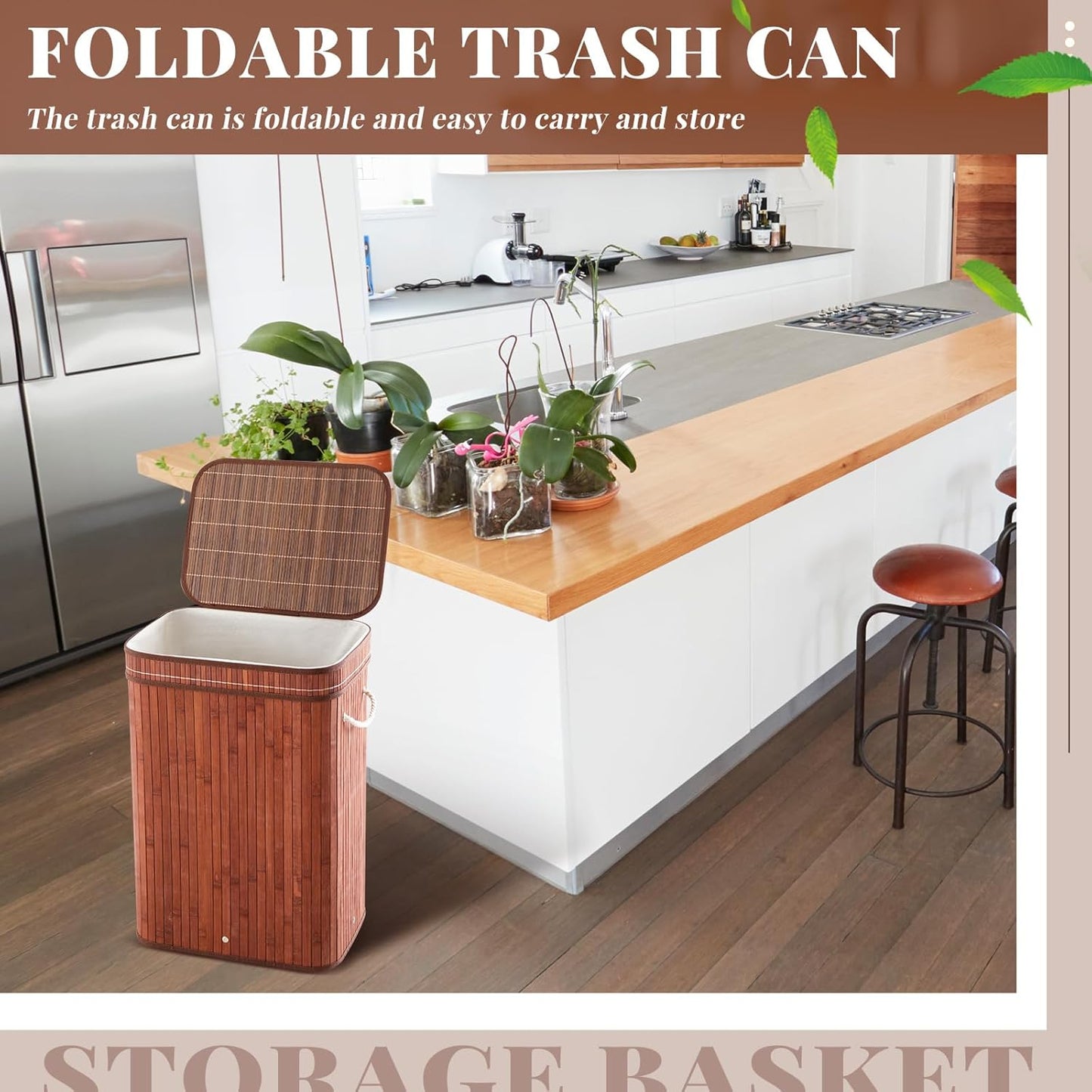 2 Pack Bamboo Slim Trash Can with Lid, 21 Gallon Large Rectangular Trash Bin, Foldable Slim Garbage Can Bamboo Waste Basket for Bathroom Bedroom Office Home Salon Spa (Brown)