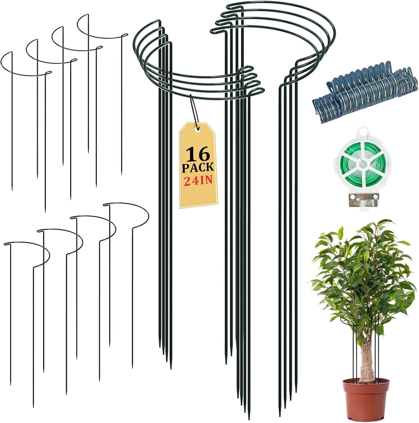 16 Pack 24 inch Plant Support Stakes, Half Round Peony Cage and Support, Adjustable Plant Support Stand with Clips & Twist Tie Garden Stakes for Indoor Outdoor, Heavy Duty Plant Support Ring