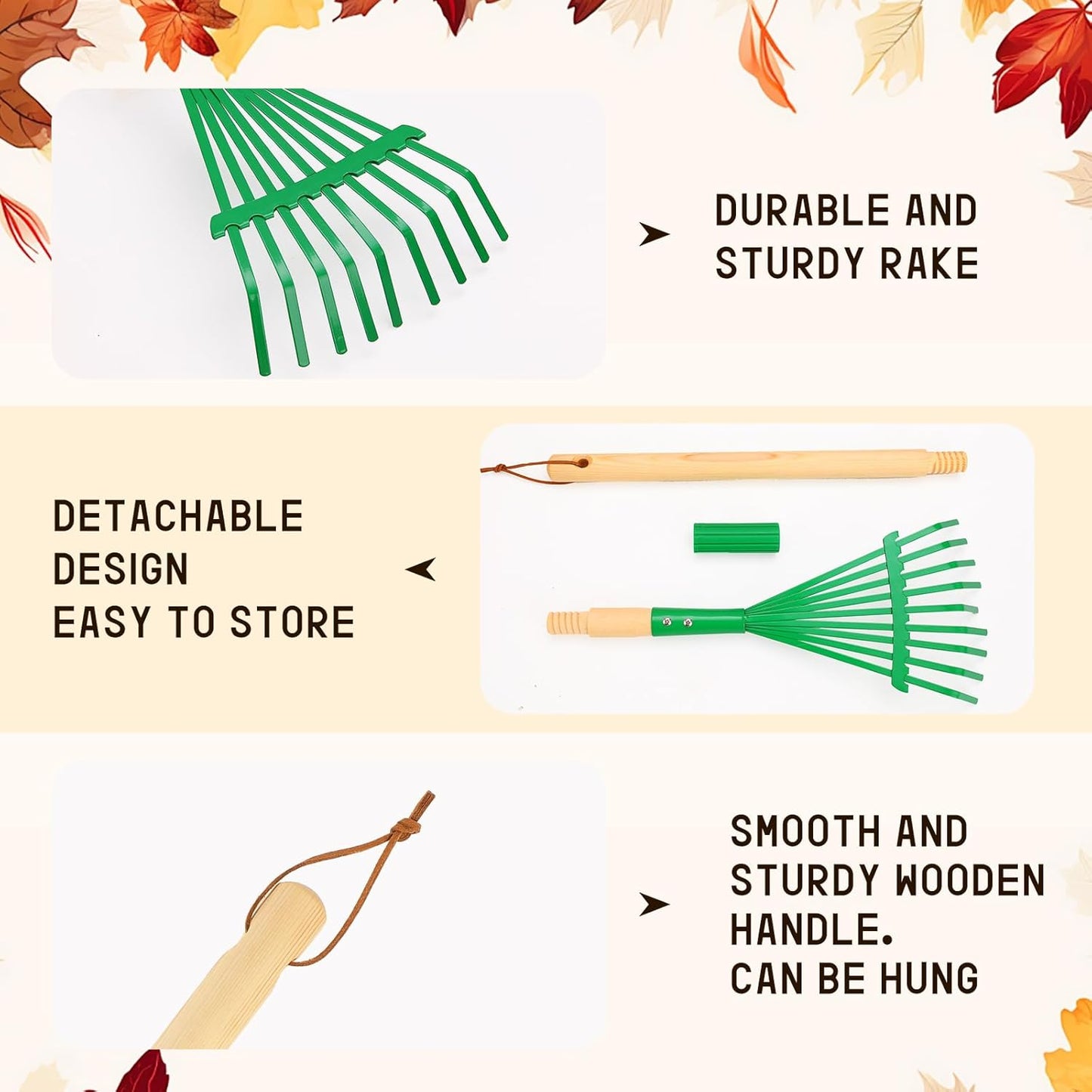 Kids Rakes with Hardwood Handle - Metal Kids Leaves Rakes, 28" Child Size Lawn Rakes with Vibrant Green Heads, Garden Tool Set for Kids Boys and Girls