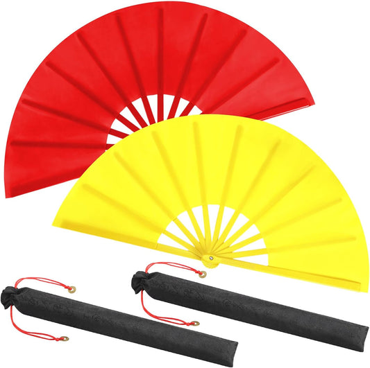 Maitys 2 Packs Large Clap Fans for Line Dancing Large Chinese Folding Hand Fans for Men and Women, Festival, Tai Ji, Kungfu, Martial Art, Gifts (Red and Yellow)