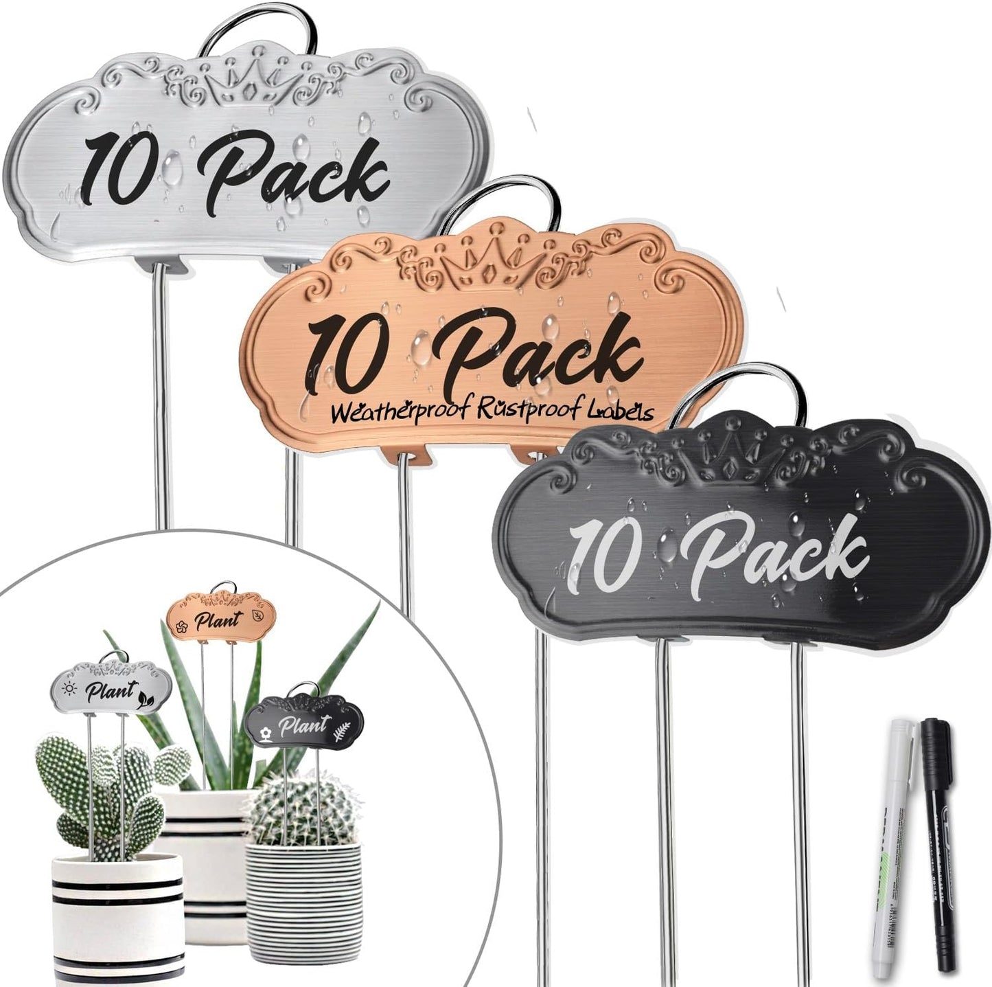 30 PacksTCYPUHL Metal Plant Labels, Tall Outdoor Garden Markers for Flowers, Fruits and Vegetables, 304 Stainless Steel Weatherproof Signs (4" x 1.9", Silver, Black and Gold)