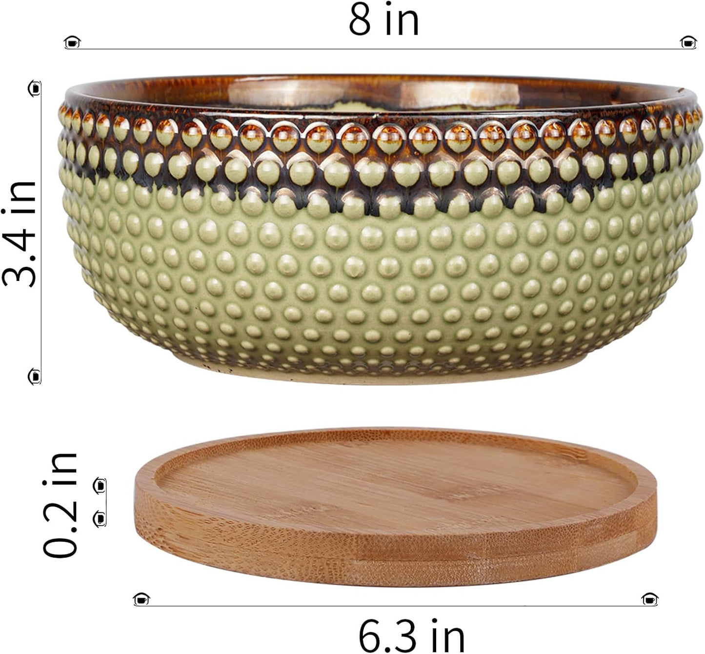 8 Inch Ceramic Succulent Shallow Planter Pot with Drainage Hole and Saucer Beaded Stoneware Planter for Indoor Plants Green