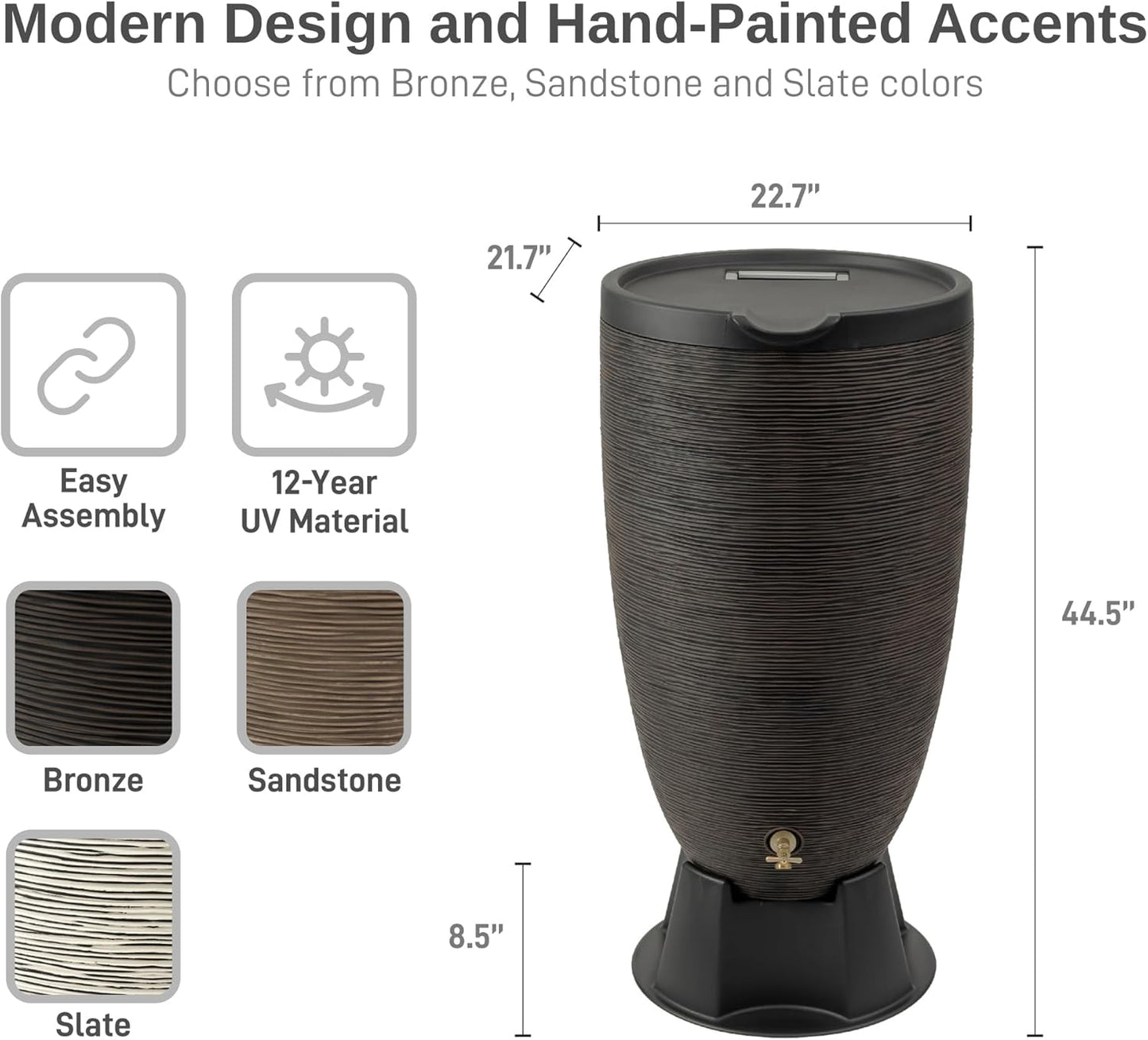 50-Gallon Newport Rain Barrel with Stand and Removable Lid, Bronze Color