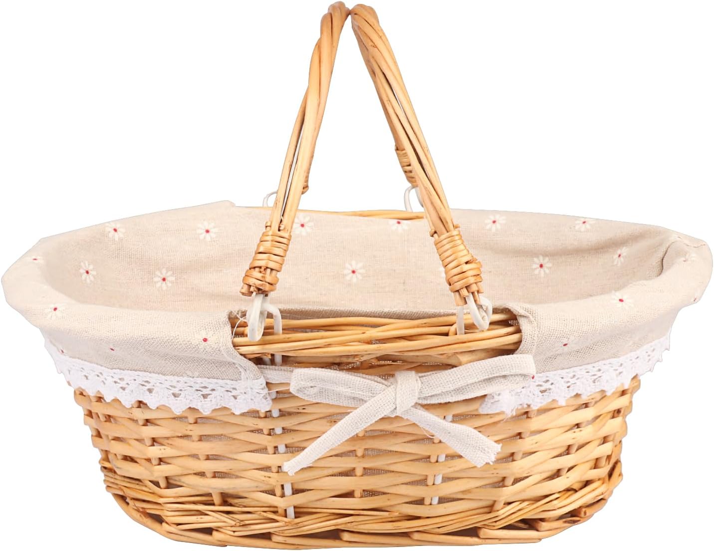 2 Pack Medium Size Wicker Basket with Handle, 12.6x9x4.7 inch Wicker Picnic Basket with Liner, Empty Gift Basket, Oval Willow Woven Basket for Fruit, Candy, Gathering, Wedding, Picnic, by,GNIEMCKIN