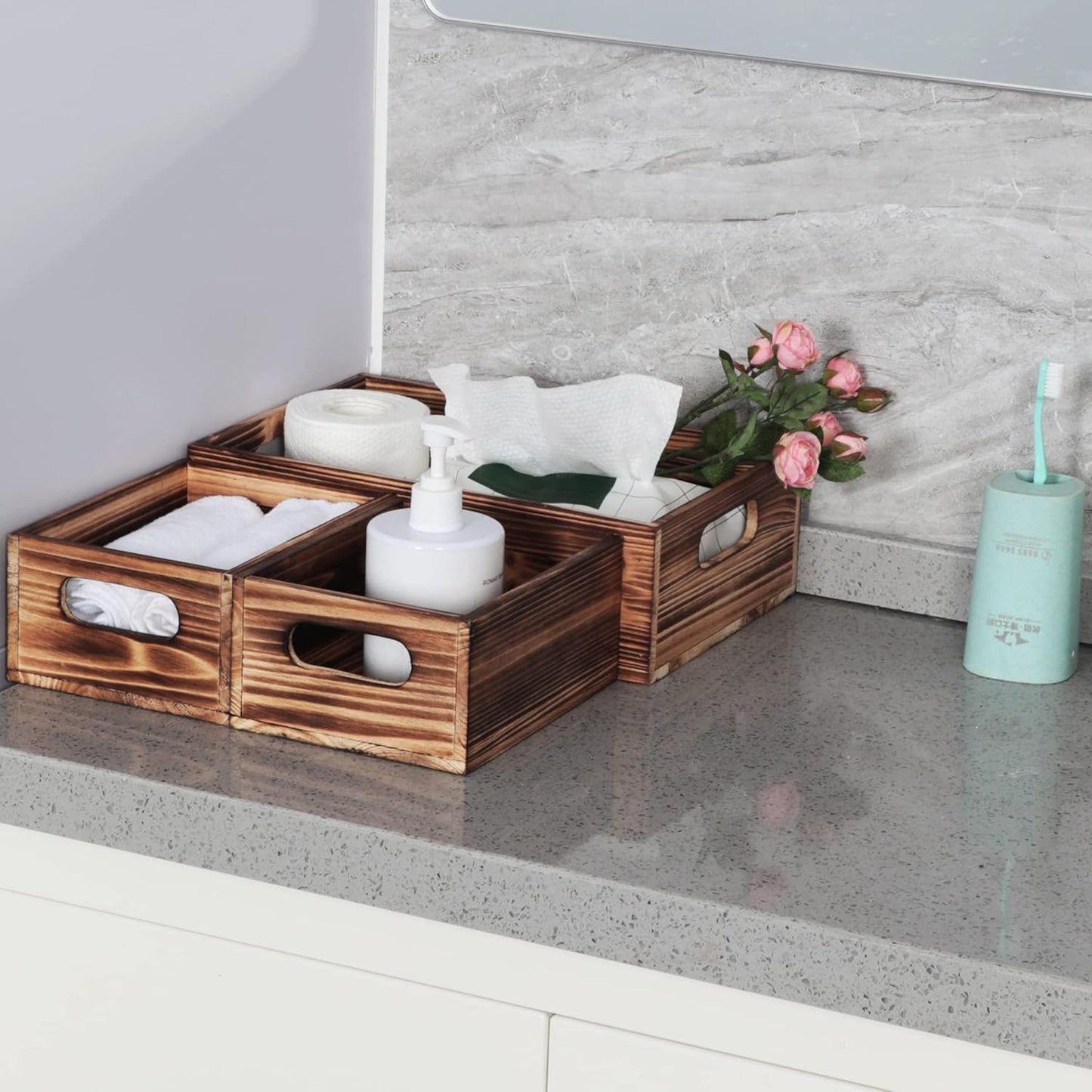 PHOENANCEE Wooden Crate Stackable Decorative Wood Crates set of 3 for Storage Display Rustic Nesting Box Basket Home Decoration Boxes Container Bin with Handles Farmhouse Decor,Solid Pine,L+M+S