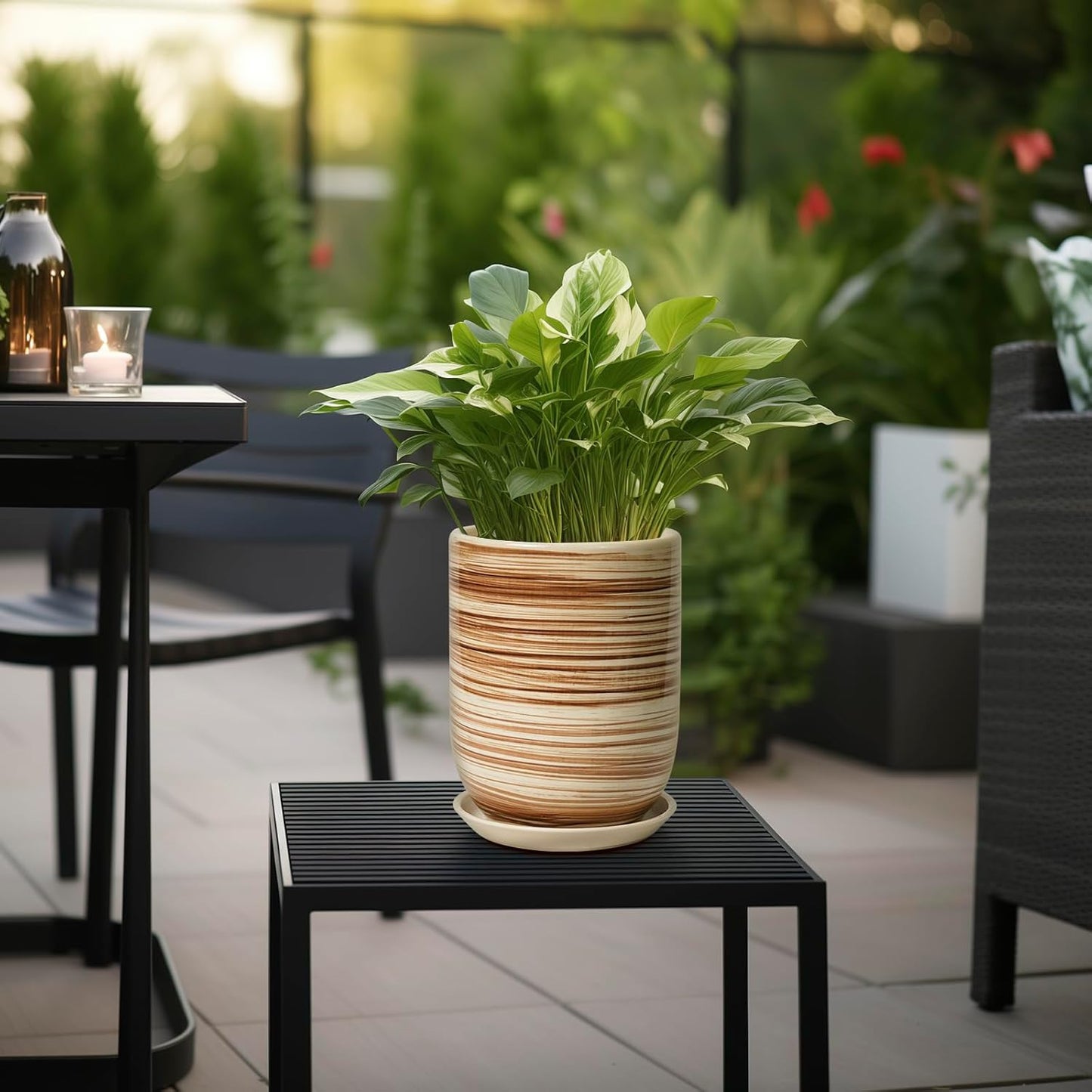 8 Inch Plant Pot, Ceramic Planter for Outdoor Plants, Large Plant Pot Indoor with Drainage Hole and Saucer, Modern Flower Pot for Home Garden Decor Yellow