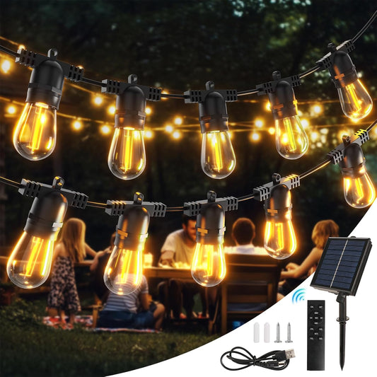 S14 Solar String Lights Outdoor with Remote 60 FT, USB & Solar Dual Charging, Waterproof, 8 Modes 3 Timers, 20+2 LED Shatterproof Bulbs, Dimmable Solar Light for Camping Backyard Bistro Porch Garden