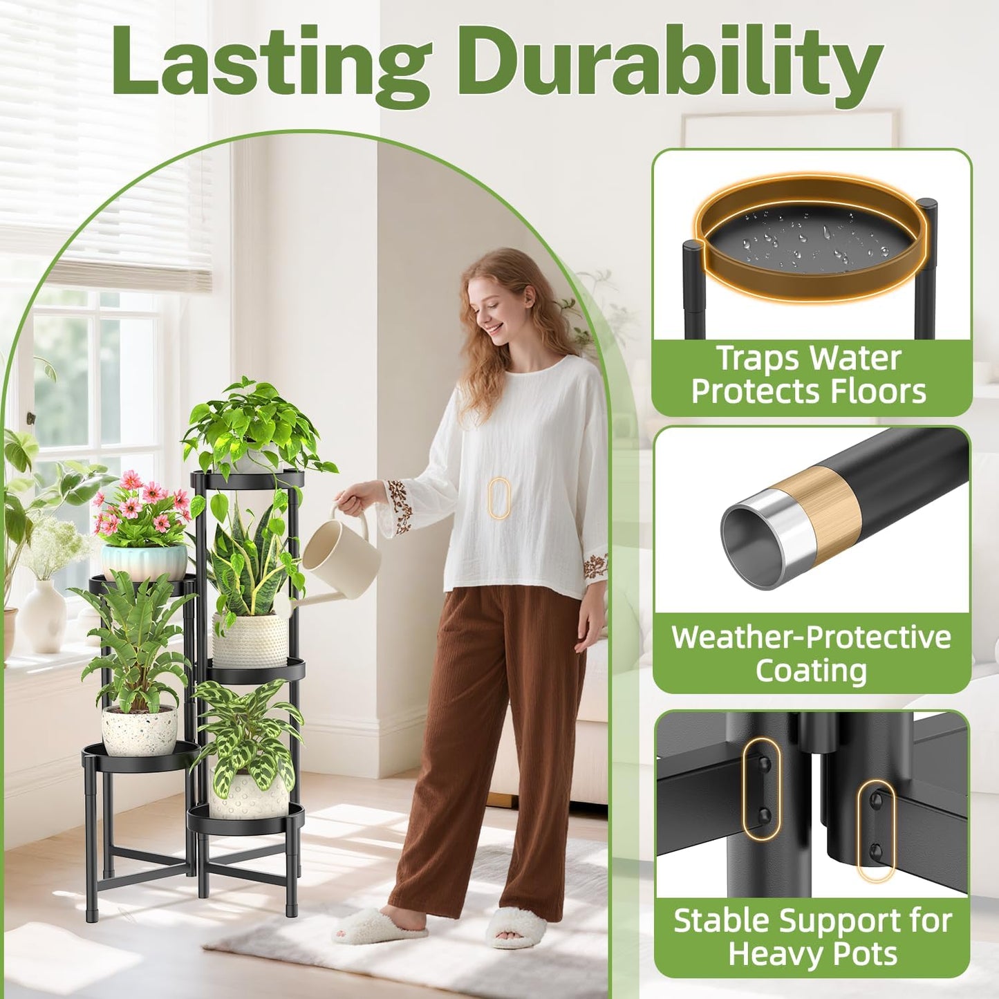 iDavosic.ly Plant Stand Indoor Outdoor, 5 Tier Corner Metal Flower Display Holder Shelf, Folding Tall Orchid Rack for Patio Balcony Porch Garden Living Room House, Black