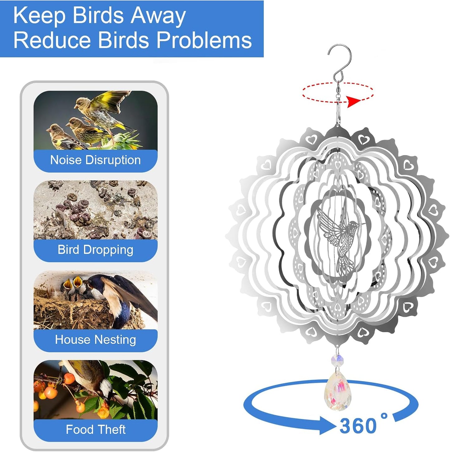 3D Wind Spinners Outdoor Flowing-Light Effect Metal Garden Decor, Highly Reflective Bird Deterrents for Outside, Mirrored Wind Sculptures to Scare Birds Away from Yard Patio Farm (Hummingbird-Silver)