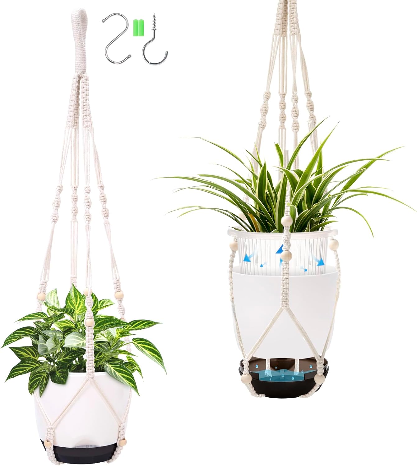 2-Pack 7.2-Inch Self-Watering Hanging Planters for Indoor & Outdoor Plants,34-Inch macrame hanger plant pots indoor with drainage,Small Hanging Planters & Baskets in White,With two sets of hooks